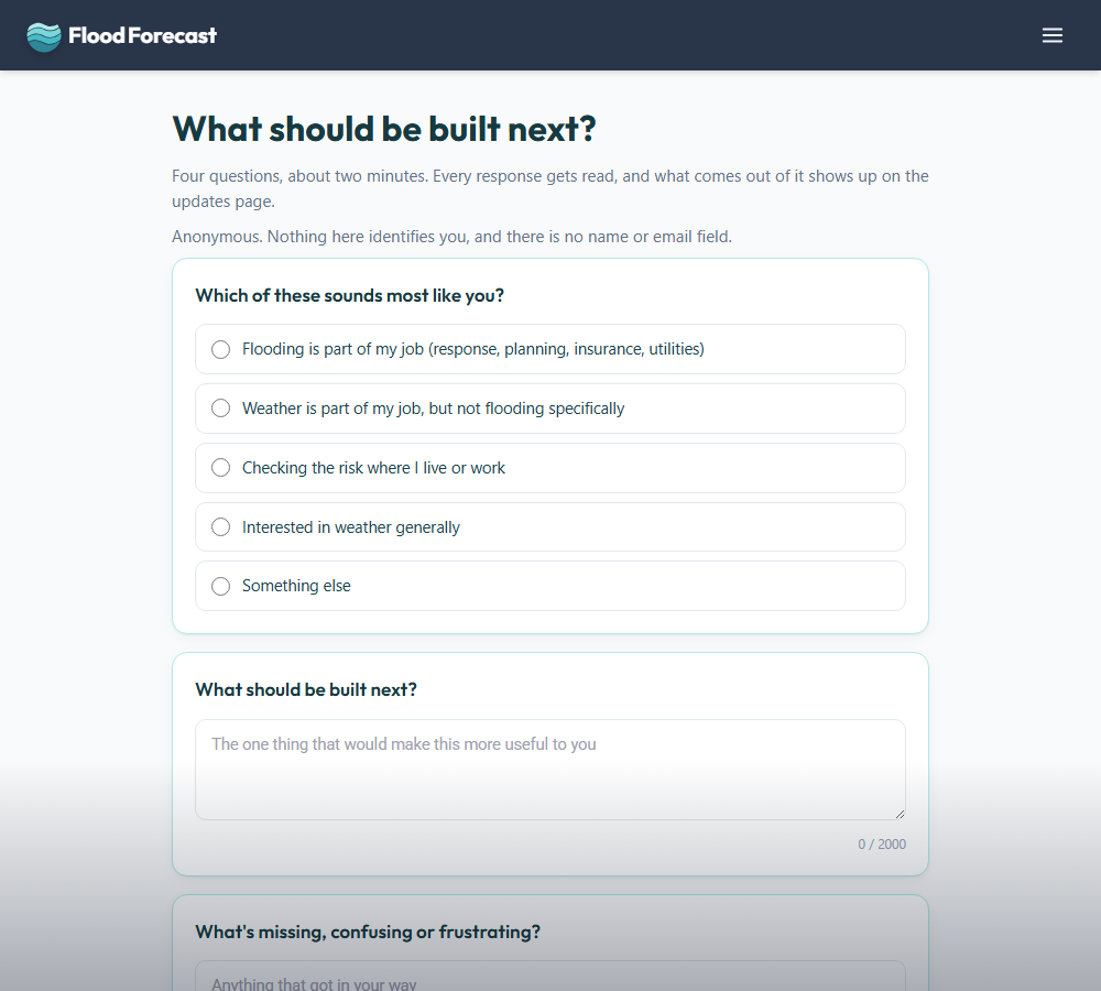 The feedback survey, showing the first two questions: which of these sounds most like you, and what should be built next.
