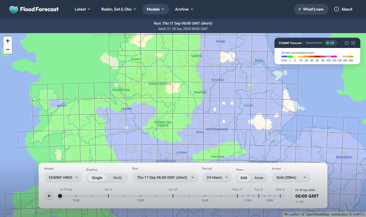 A rainfall accumulation map with the 20km grid selected around Manchester and Leeds, catchment boundaries visible faintly threading through the grid squares.