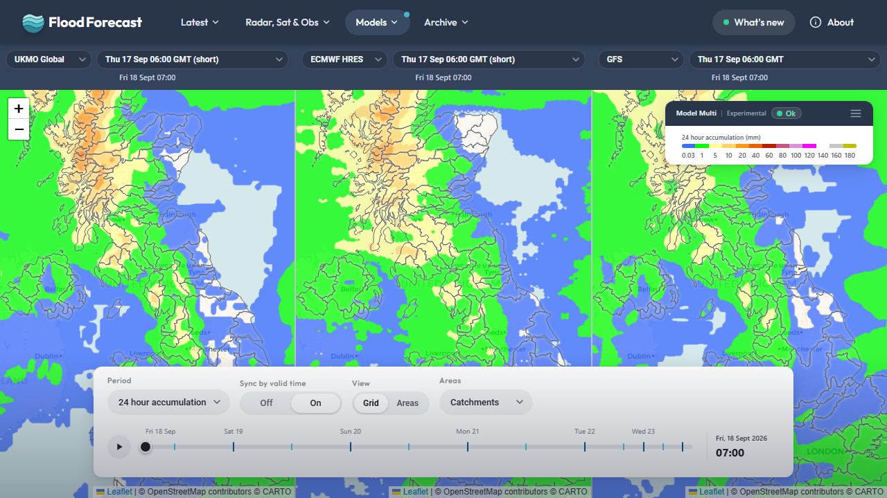 Three rainfall forecast maps side by side, each with its own model and run selector above it.