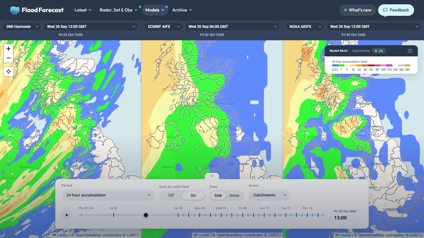 Model Multi with DMI Harmonie, ECMWF AIFS and NOAA AIGFS side by side, each showing 24 hour rainfall totals across the UK for the same time