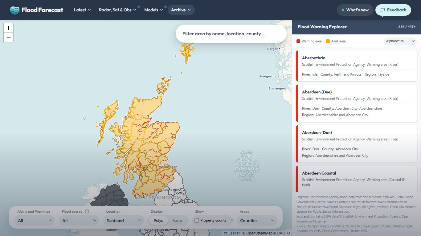 The Flood Warning Explorer with Location set to Scotland: all 346 of SEPA's flood warning and alert areas drawn across the country, listed alongside