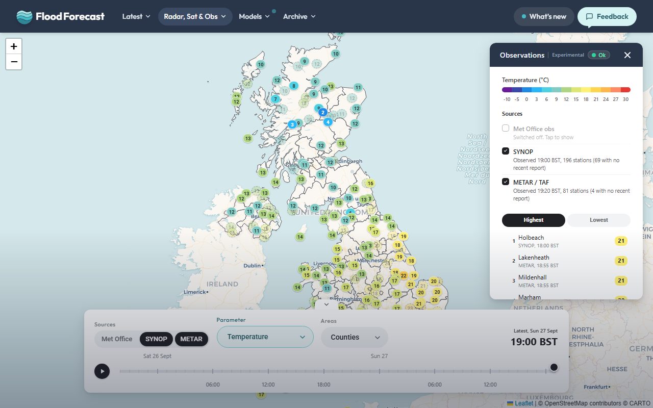 The weather observations map showing temperatures at stations across the UK, with the highest readings listed in the key panel